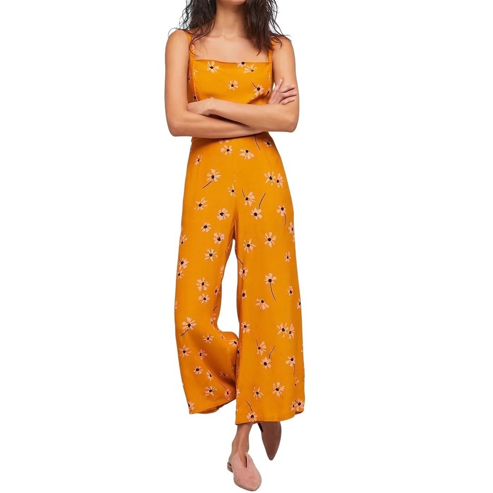 Faithfull The Brand Playa Wide‎ Leg Jumpsuit Floral Mustard Yellow Small